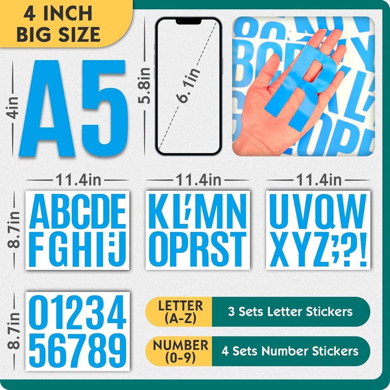 Seloom 13 Sheets Alphabet Stickers,4 Inch Large Vinyl Letter Number Stickers Self Adhesive,Waterproof Numbers Alphabet Letters Labels for DIY Crafts,Mailbox,Notebook,Door,Water Bottles,Car(Blue) - Image 2